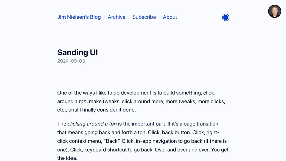 Screenshot of blog.jim-nielsen.com: Sanding UI