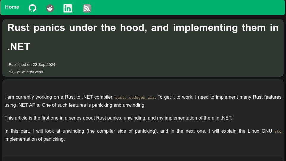 Screenshot of fractalfir.github.io: Rust panics under the hood, and implementing them in .NET
