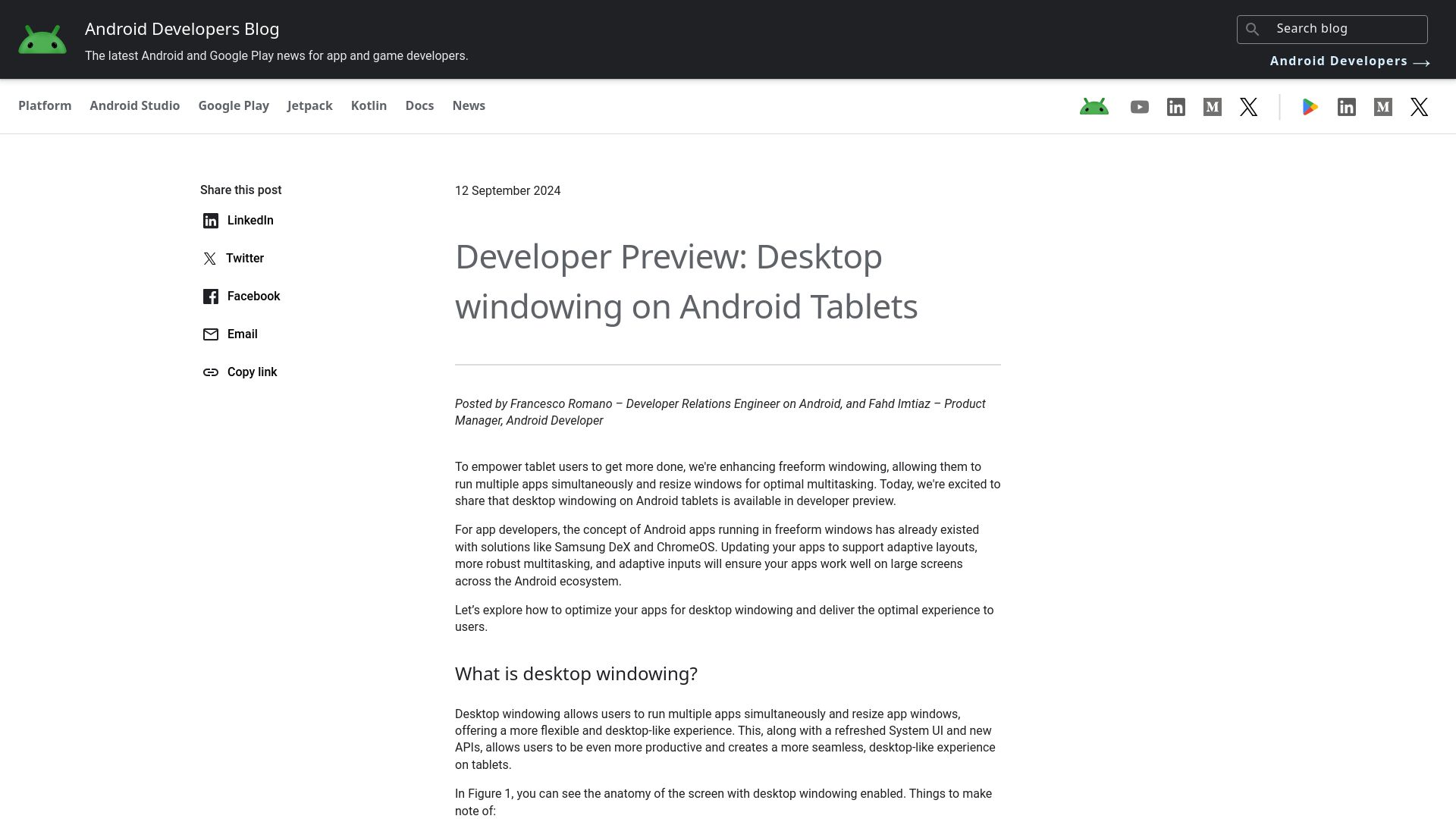 Screenshot of android-developers.googleblog.com: Desktop Windowing on Android Tablets