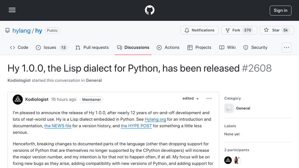 Screenshot of github.com: Hy 1.0 – Lisp dialect for Python