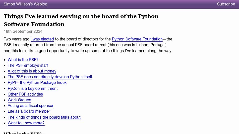 Screenshot of simonwillison.net: Things I've learned serving on the board of the Python Software Foundation