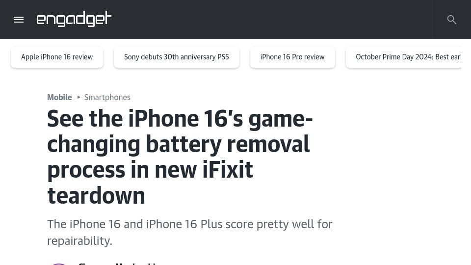 Screenshot of engadget.com: iPhone 16 is much easier to repair
