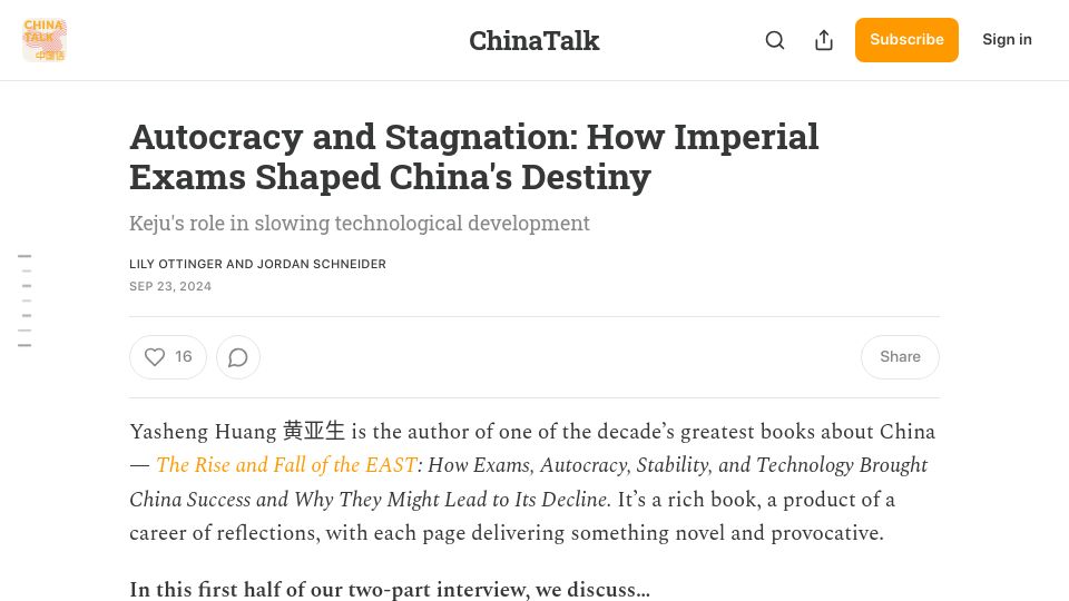 Screenshot of chinatalk.media: Autocracy and Stagnation: How Imperial Exams Shaped China's Destiny