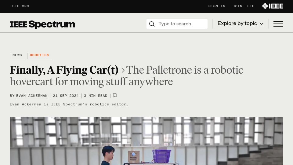 Screenshot of spectrum.ieee.org: The Palletrone is a robotic hovercart for moving stuff anywhere