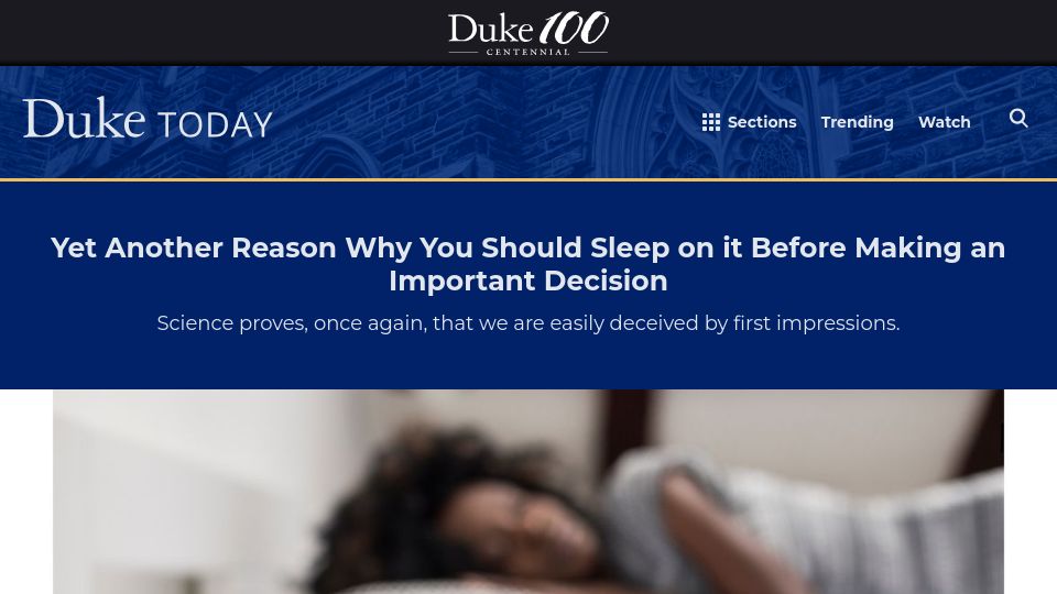 Screenshot of today.duke.edu: Another Reason Why You Should Sleep on It Before Making an Important Decision
