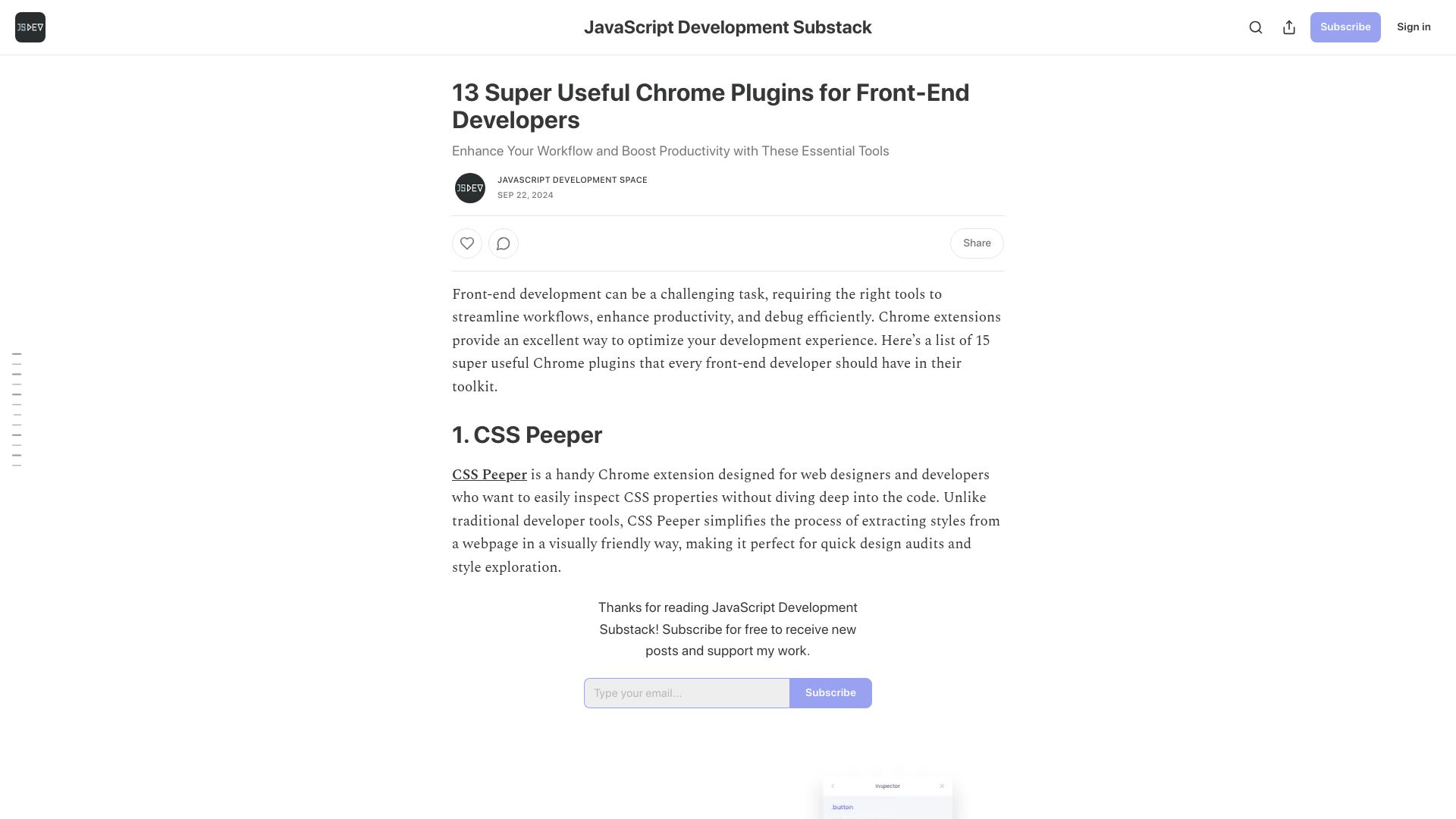 Screenshot of jsdevspace.substack.com: Super Useful Chrome Plugins for Front-End Developers
