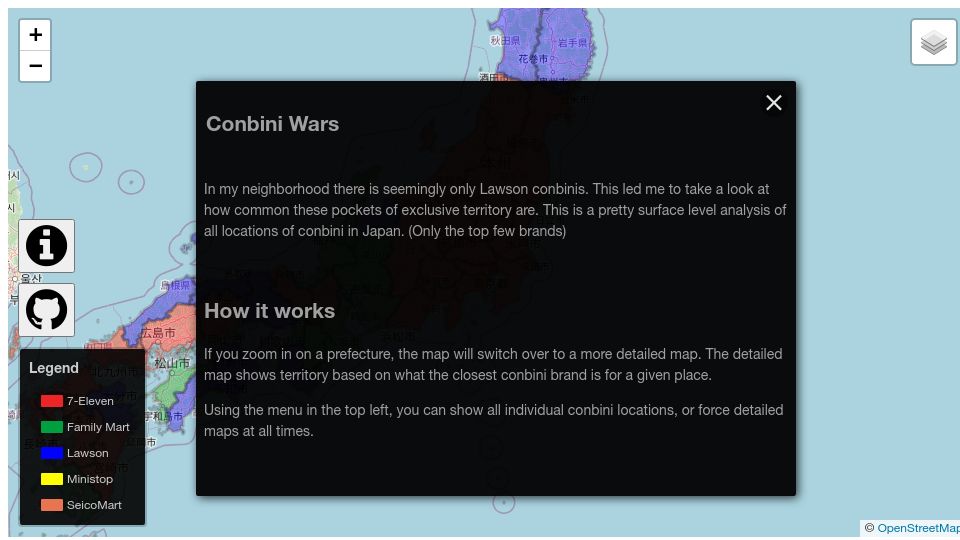Screenshot of conbini.kikkia.dev: Show HN: Interactive map of the convenience store "turf war" in Japan