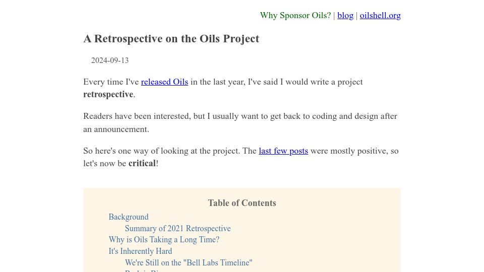 Screenshot of oilshell.org: A Retrospective on the Oils Project