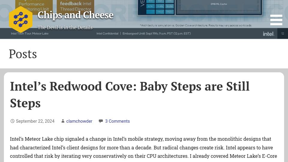 Screenshot of chipsandcheese.com: Intel's Redwood Cove: Baby Steps Are Still Steps