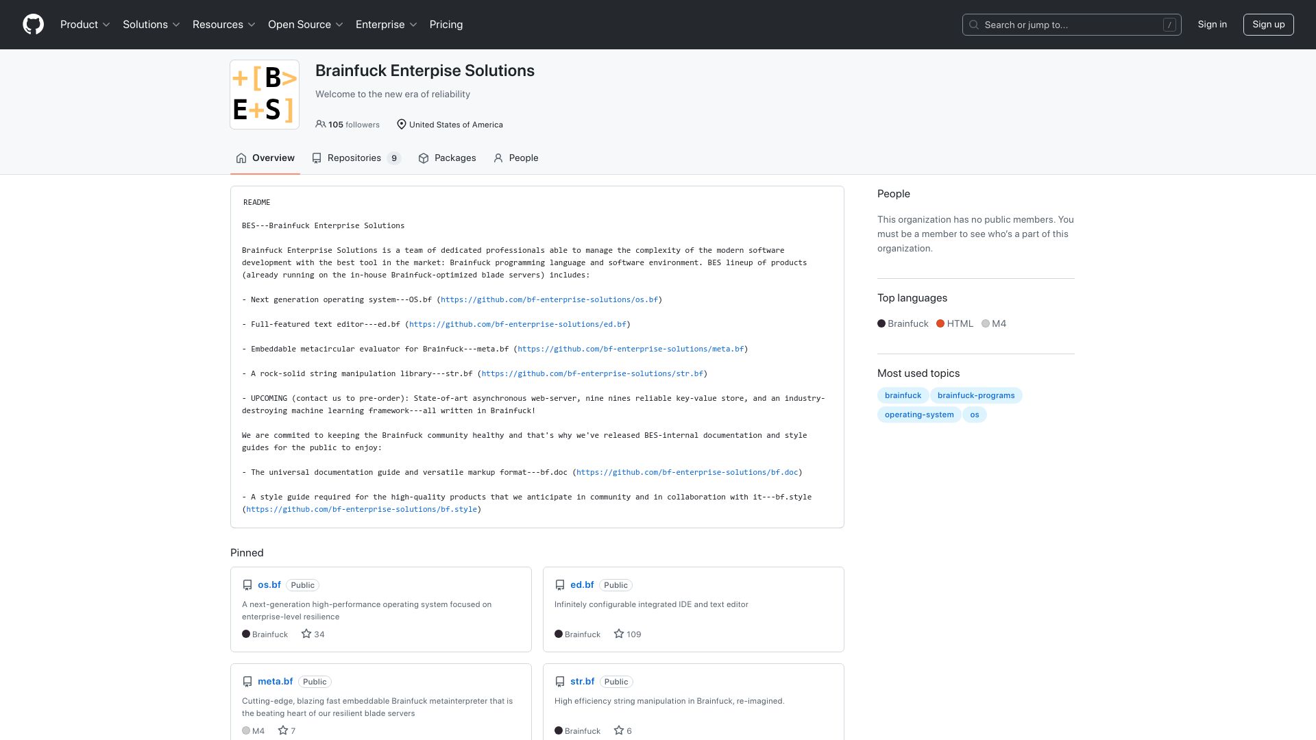 Screenshot of github.com: Brainfuck Enterprise Solutions