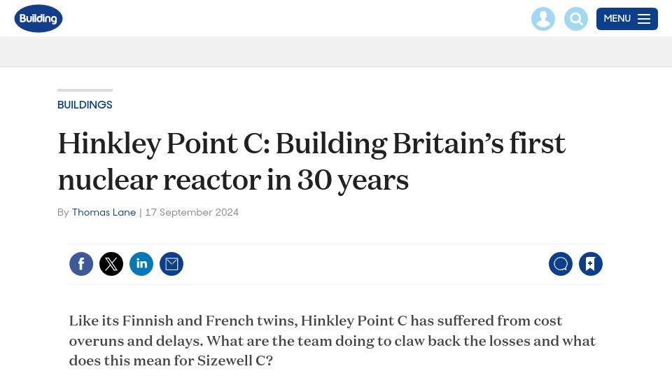 Screenshot of building.co.uk: Hinkley Point C: Building Britain's first nuclear reactor in 30 years