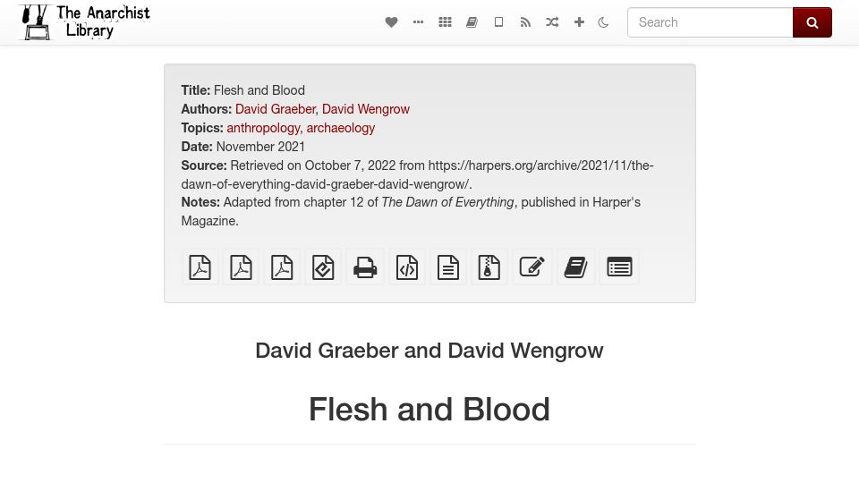 Screenshot of theanarchistlibrary.org: Flesh and Blood (2021)
