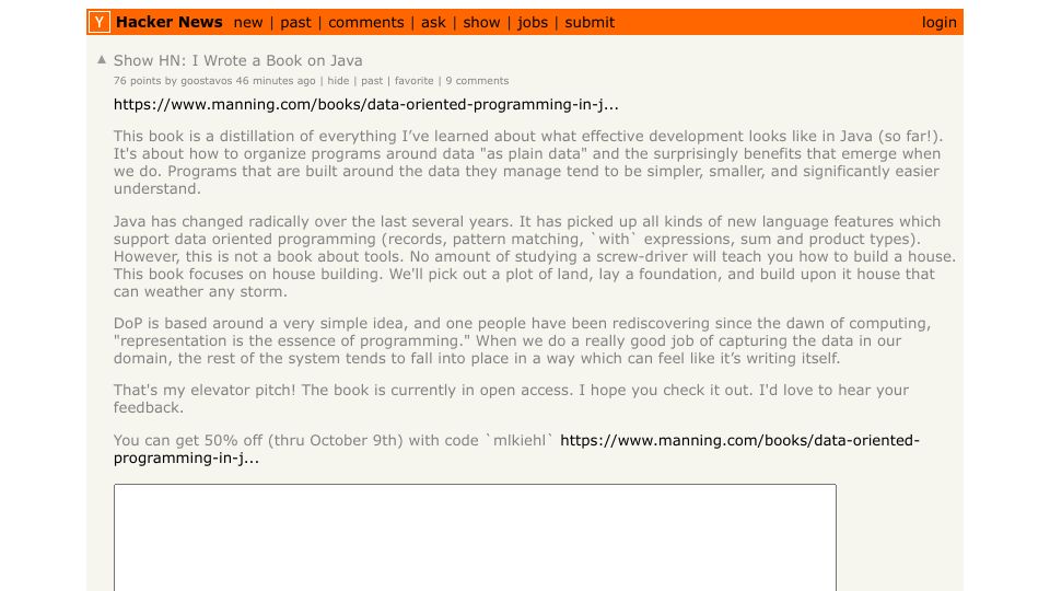 Screenshot of Hacker News post: Show HN: I Wrote a Book on Java