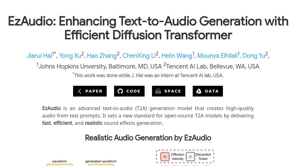 Screenshot of haidog-yaqub.github.io: EzAudio: Enhancing Text-to-Audio Generation with Efficient Diffusion Transformer