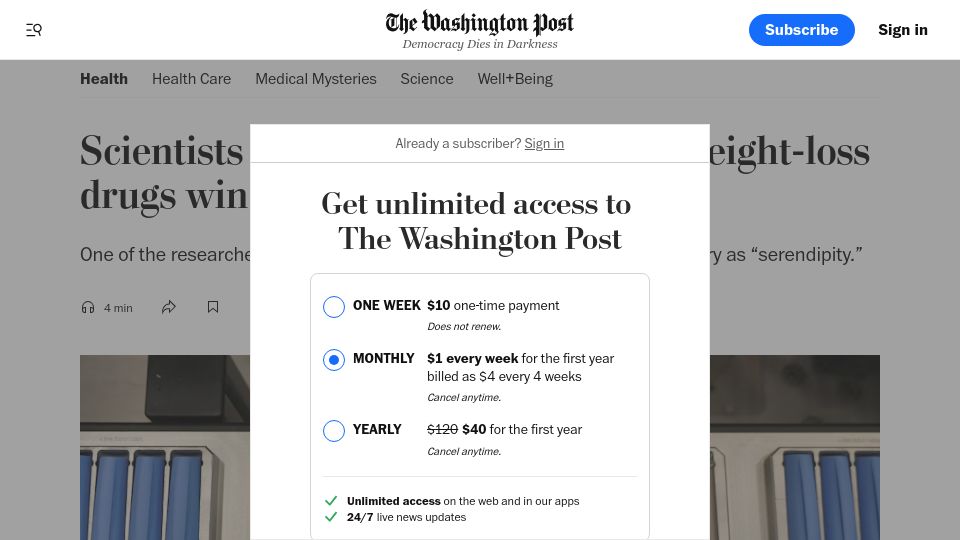 Screenshot of washingtonpost.com: Scientists who laid groundwork for weight-loss drugs win Lasker medical award