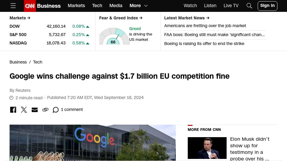 Screenshot of cnn.com: Google wins challenge against $1.7B EU competition fine