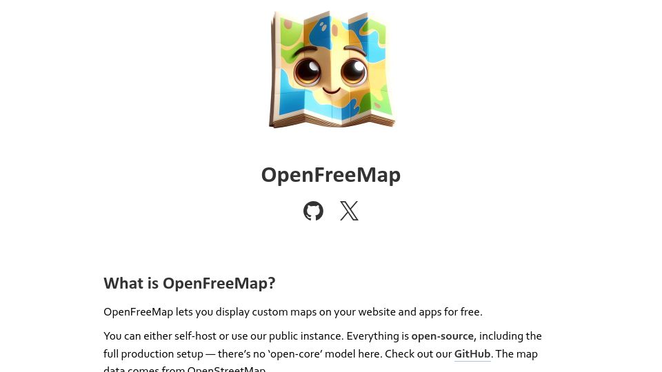 Screenshot of openfreemap.org: Show HN: OpenFreeMap – Open-Source Map Hosting