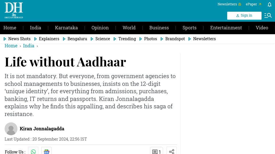 Screenshot of deccanherald.com: Life without Aadhaar