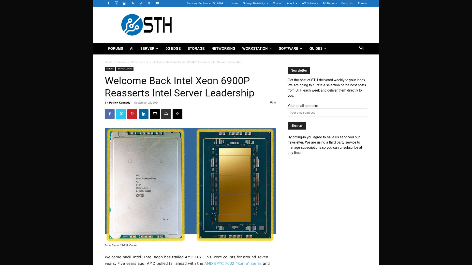 Screenshot of servethehome.com: Intel Xeon 6900P Reasserts Intel Server Leadership