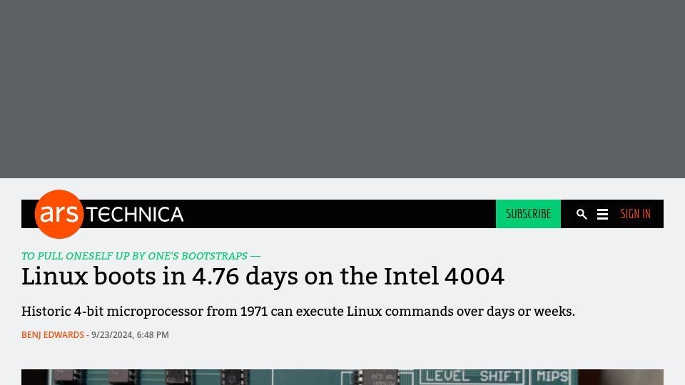 Screenshot of arstechnica.com: Linux boots in 4,76 days on Intel 4004