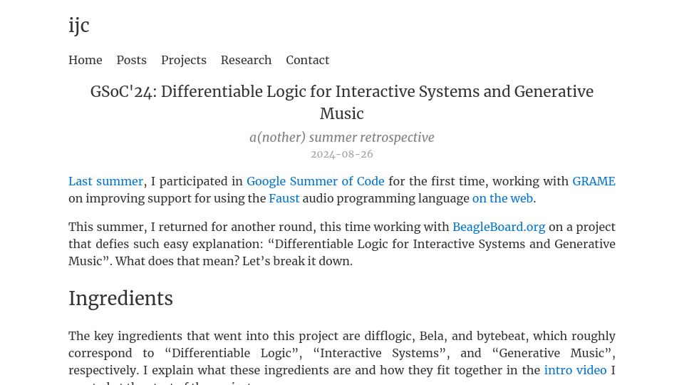 Screenshot of ijc8.me: GSoC'24: Differentiable Logic for Interactive Systems and Generative Music