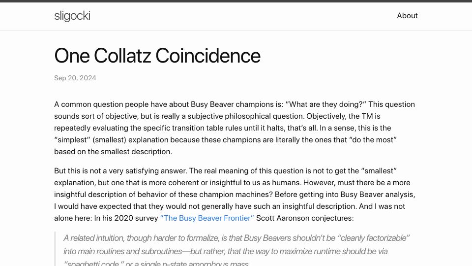 Screenshot of sligocki.com: One Collatz Coincidence