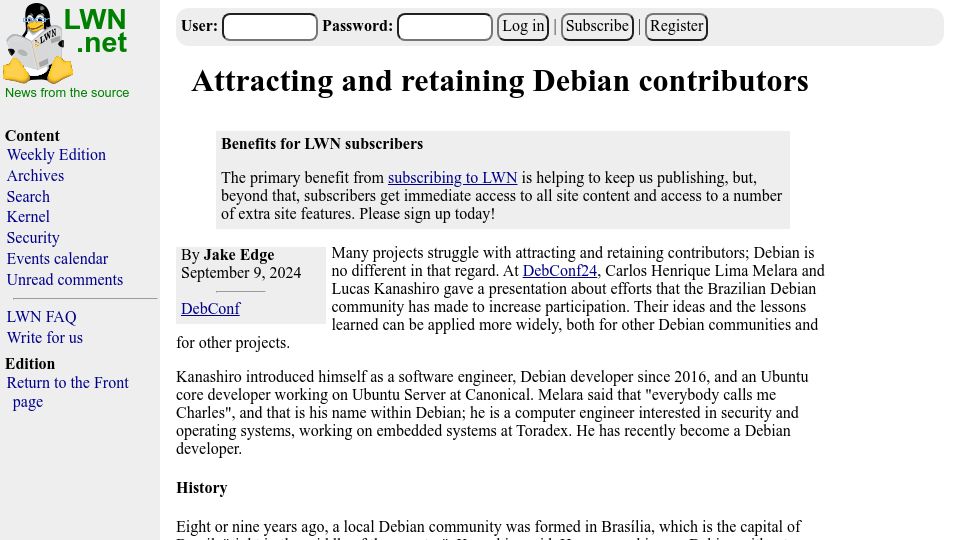 Screenshot of lwn.net: Attracting and Retaining Debian Contributors