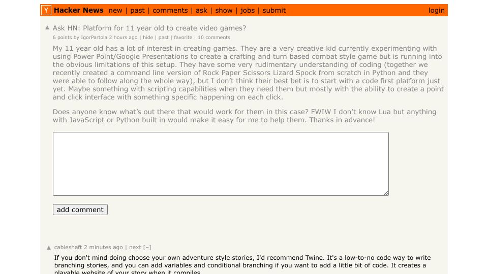 Screenshot of Hacker News post: Ask HN: Platform for 11 year old to create video games?