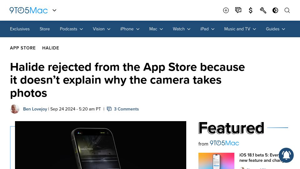 Screenshot of 9to5mac.com: Halide rejected from App Store because it doesn't explain why it takes photos