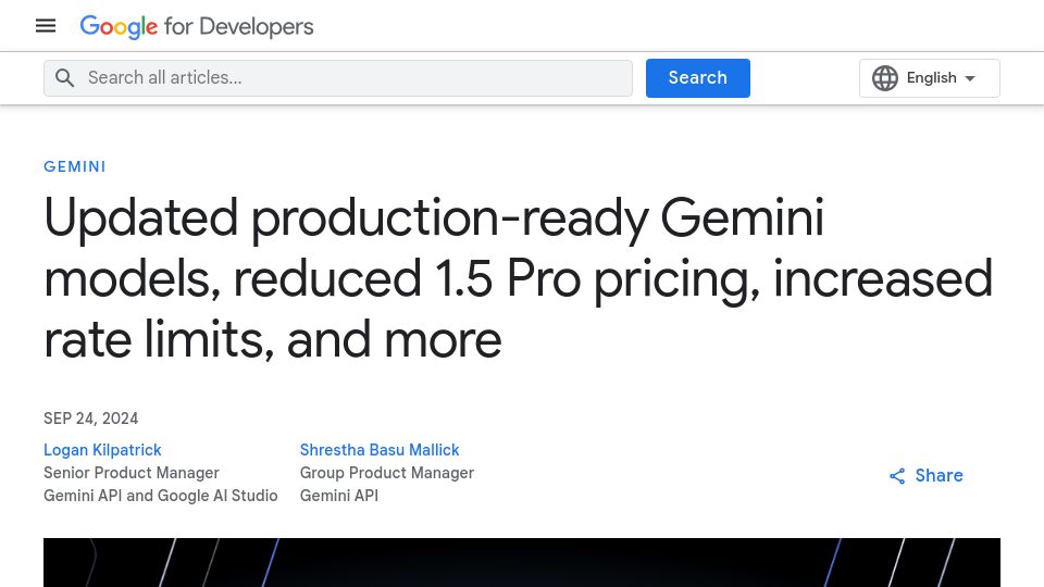 Screenshot of developers.googleblog.com: Two new Gemini models, reduced 1.5 Pro pricing, increased rate limits, and more