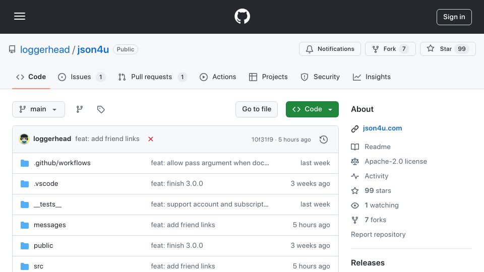 Screenshot of github.com: Show HN: JSON For You – Visualize JSON in graph or table views