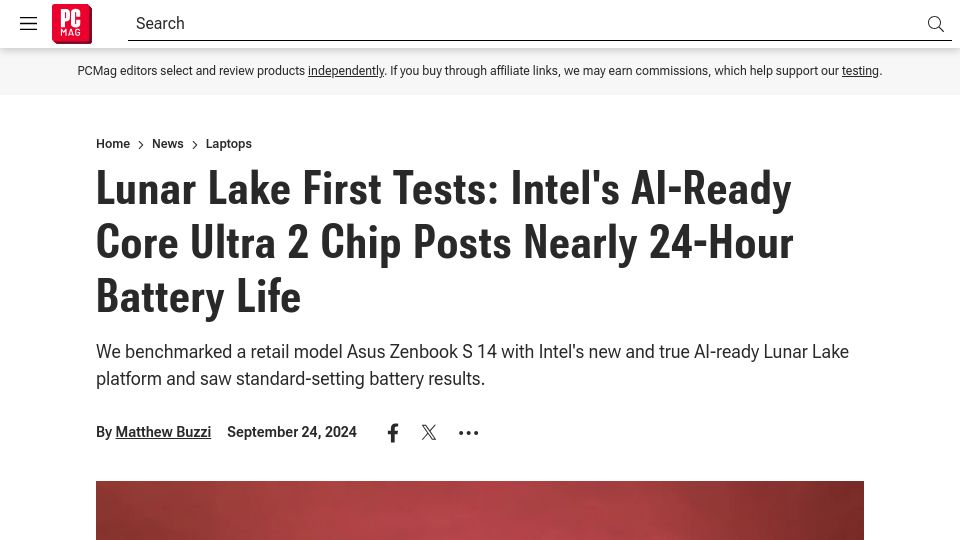 Screenshot of pcmag.com: Intel's Core Ultra 2 Chip Posts Nearly 24-Hour Battery Life in Lunar Lake