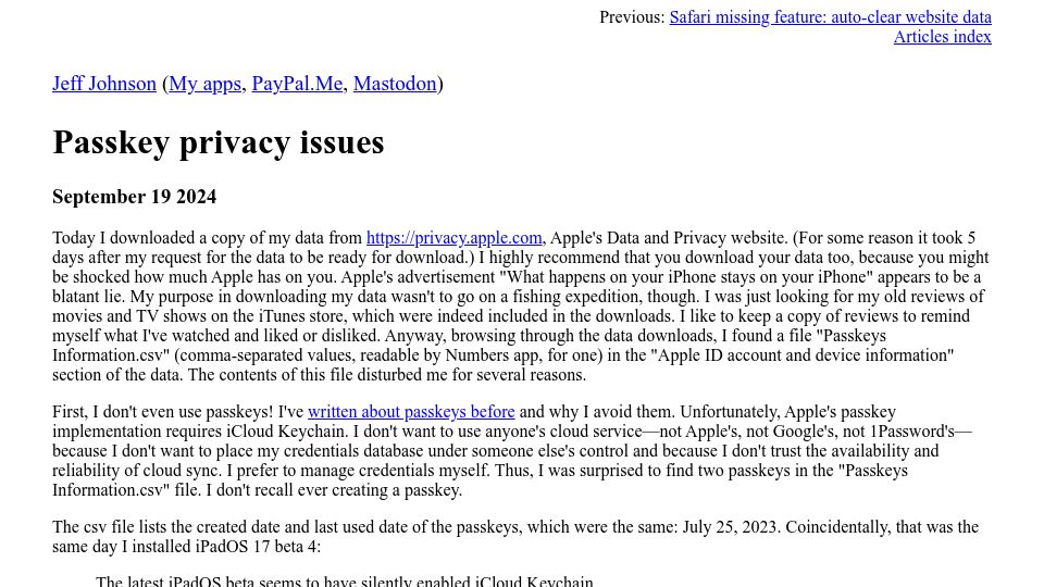 Screenshot of lapcatsoftware.com: Passkey Privacy Issues