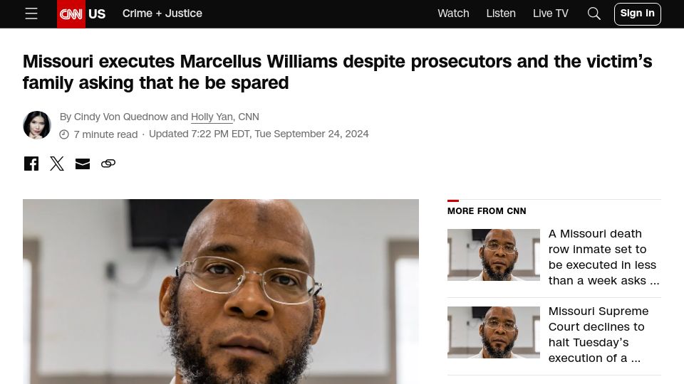 Screenshot of cnn.com: Missouri is about to execute a man even the prosecution believes is innocent