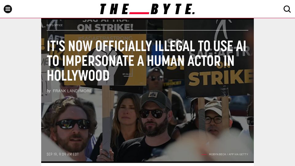 Screenshot of futurism.com: It's Now Officially Illegal to Use AI to Impersonate a Human Actor in Hollywood