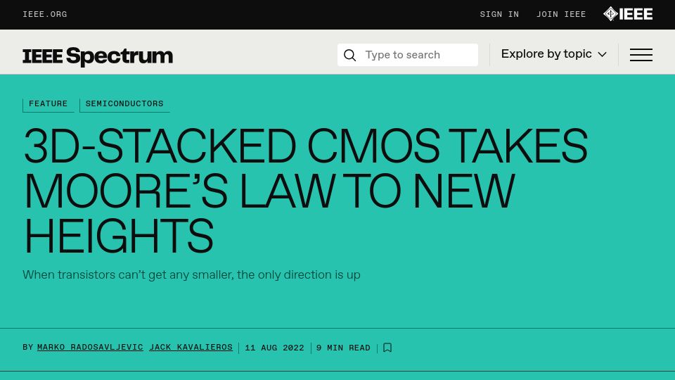 Screenshot of spectrum.ieee.org: 3D-Stacked CMOS Takes Moore's Law to New Heights