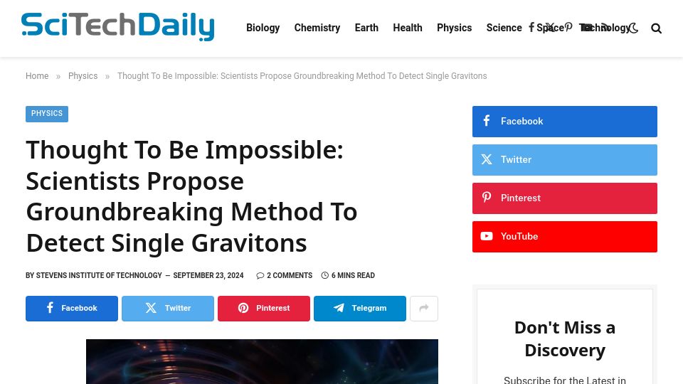 Screenshot of scitechdaily.com: Scientists Propose Groundbreaking Method to Detect Single Gravitons