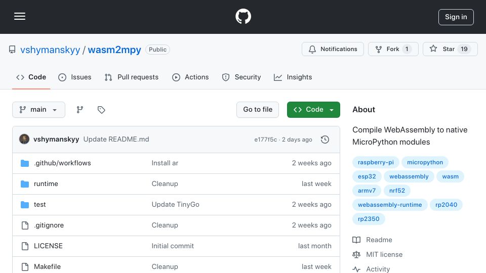 Screenshot of github.com: Wasm2Mpy: Compiling WASM to MicroPython so it can run on Raspberrys