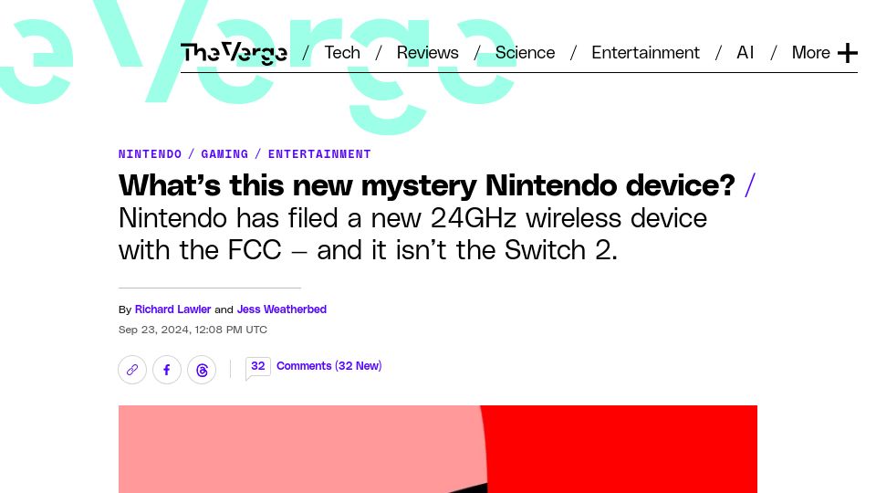 Screenshot of theverge.com: Nintendo has filed a new 24GHz wireless device with the FCC