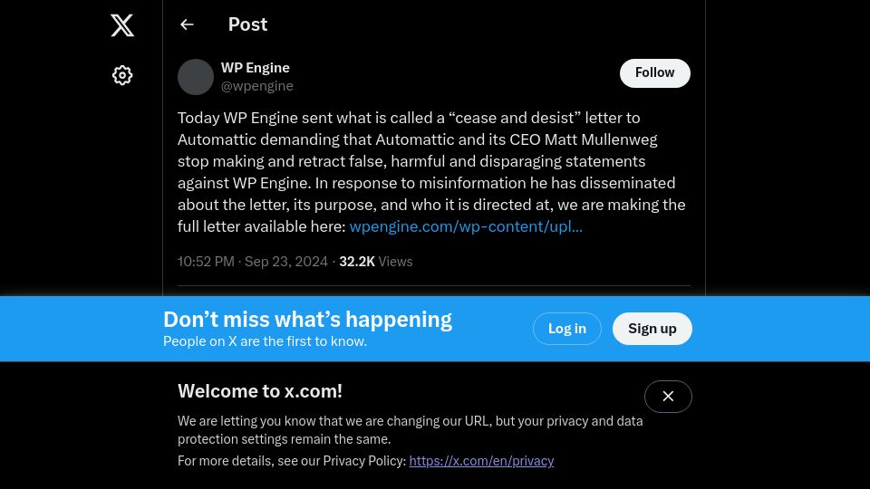 Screenshot of twitter.com: WP Engine sent “cease and desist” letter to Automattic