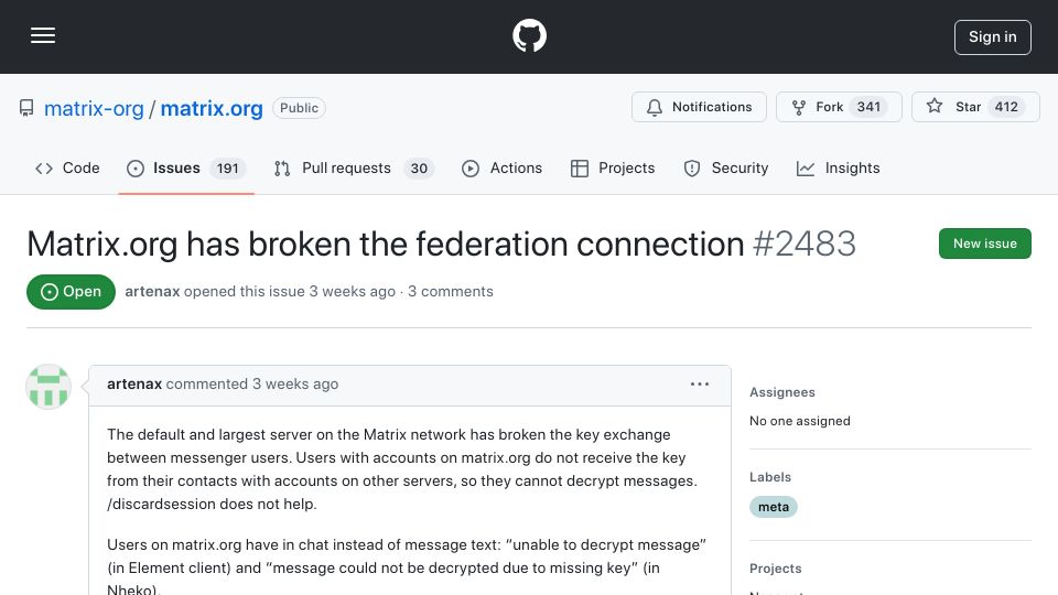 Screenshot of github.com: Matrix.org Breaks Federation: Users Can't Decrypt Messages from Other Servers