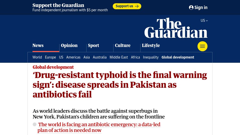 Screenshot of theguardian.com: Typhoid spreads in Pakistan as antibiotics fail