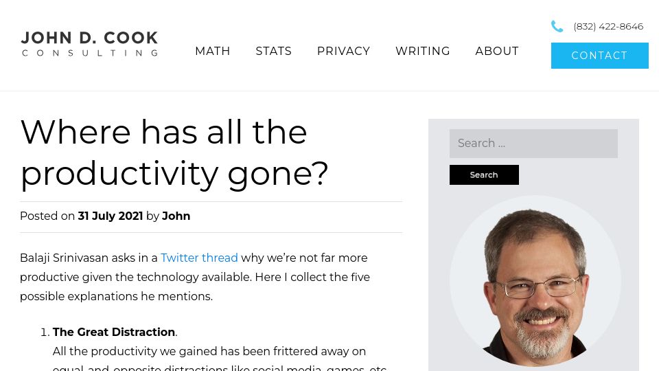 Screenshot of johndcook.com: Where has all the productivity gone? (2021)