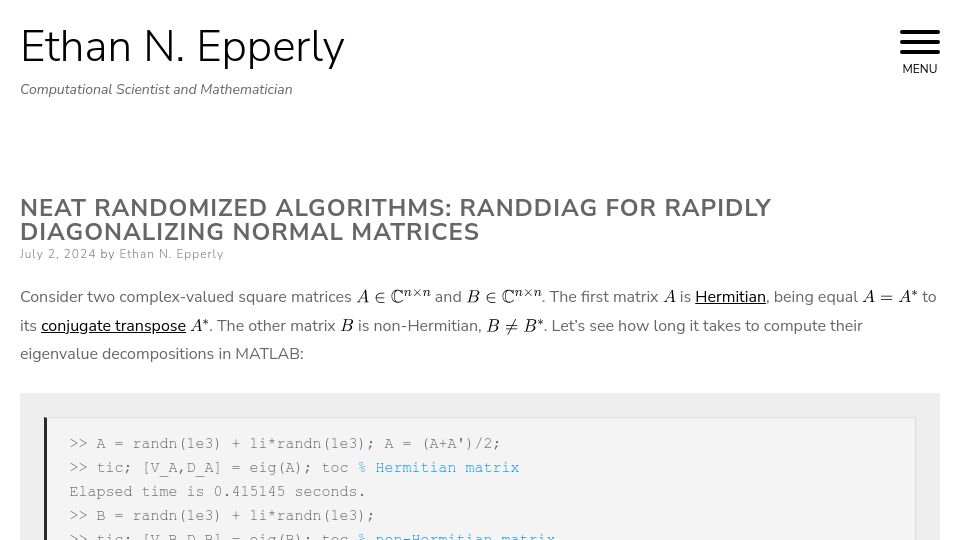 Screenshot of ethanepperly.com: Neat Randomized Algorithms: RandDiag for Rapidly Diagonalizing Normal Matrices