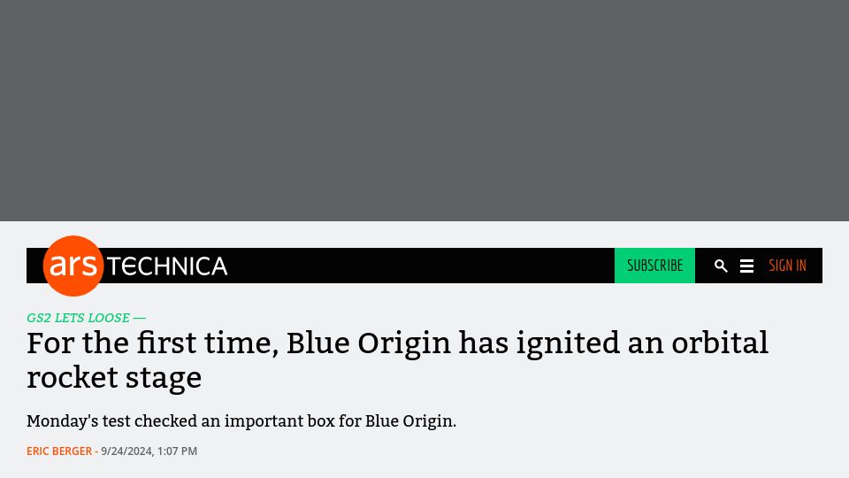 Screenshot of arstechnica.com: Blue Origin has ignited an orbital rocket stage