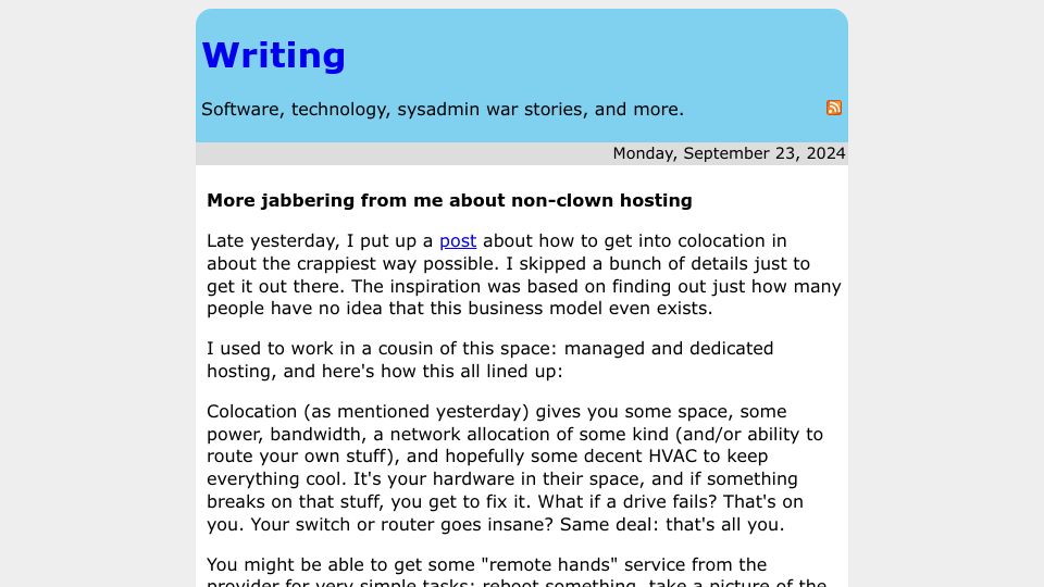 Screenshot of rachelbythebay.com: Colocation: Non-Clown Hosting