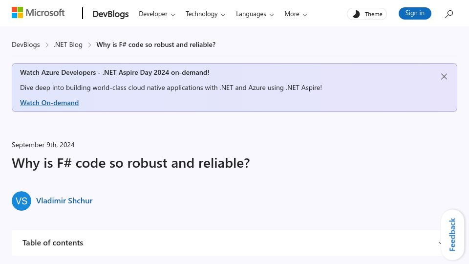 Screenshot of devblogs.microsoft.com: Why is F# code so robust and reliable?