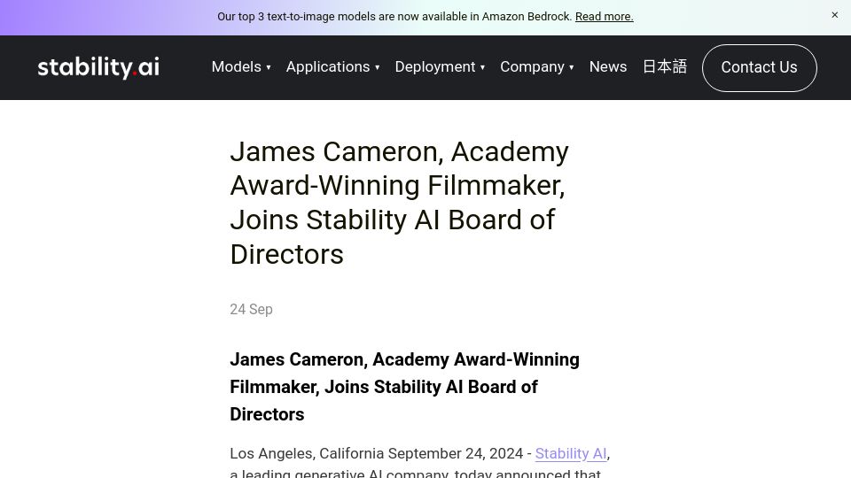 Screenshot of stability.ai: James Cameron Joins Stability AI Board of Directors