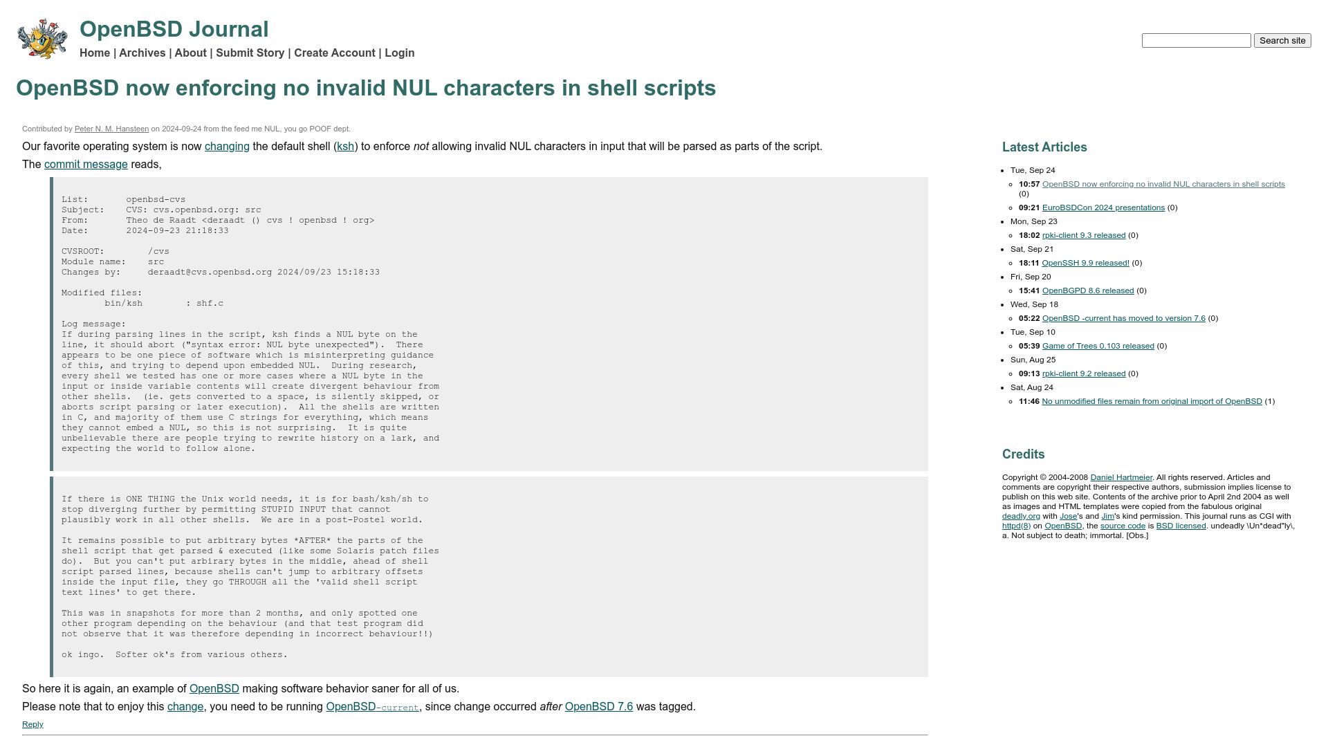 Screenshot of undeadly.org: OpenBSD now enforcing no invalid NUL characters in shell scripts
