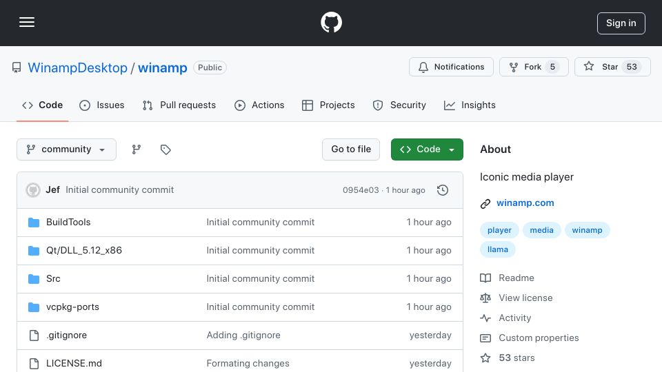 Screenshot of github.com: Winamp Legacy player source code